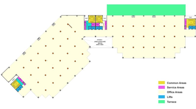 Typical Hans Business Park floor plan showing office areas, service areas, lifts, atrium, and terrace