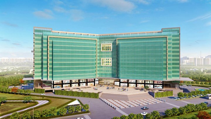 Wide front architectural render of Hans Business Park