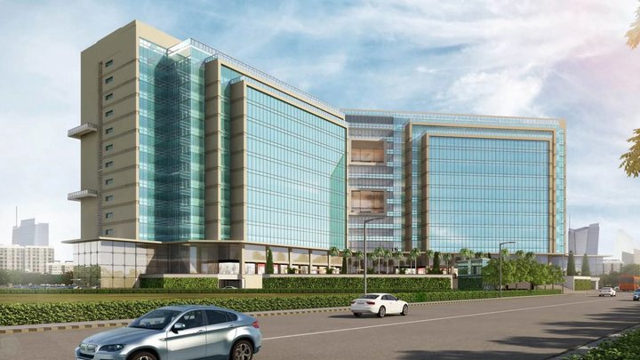 Road-facing architectural render of Hans Business Park