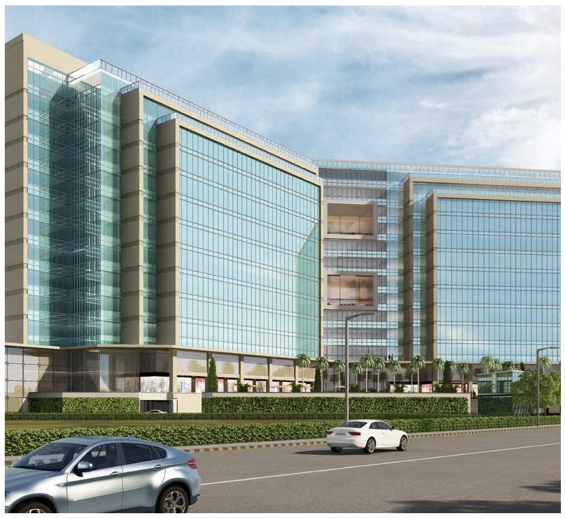 Close architectural render of the Hans Business Park facade