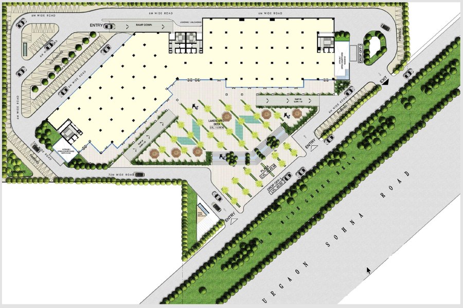 Hans Business Park site plan showing entries, landscape deck, parking, and access roads